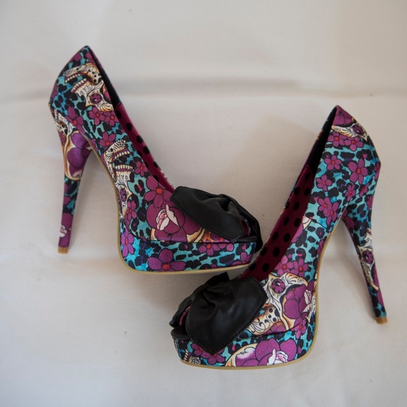 Iron Fist Kisumu Leopard Floral Sugar Skulls Peep Toe Pin Up Heels Rockabilly 9 - Picture 2 of 5